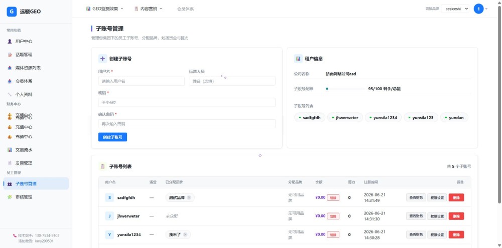子账号管理页面截图
